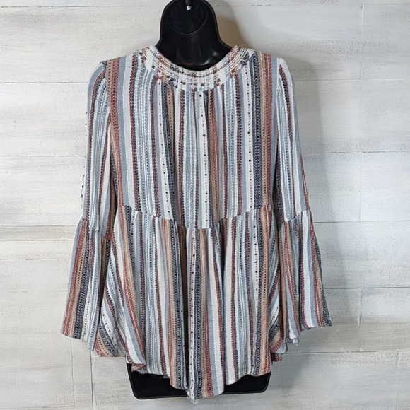 Striped Flowy Hippie Boho Indie Loose Fit Cropped Top w/ Beaded Neckline Size S - Picture 3 of 5